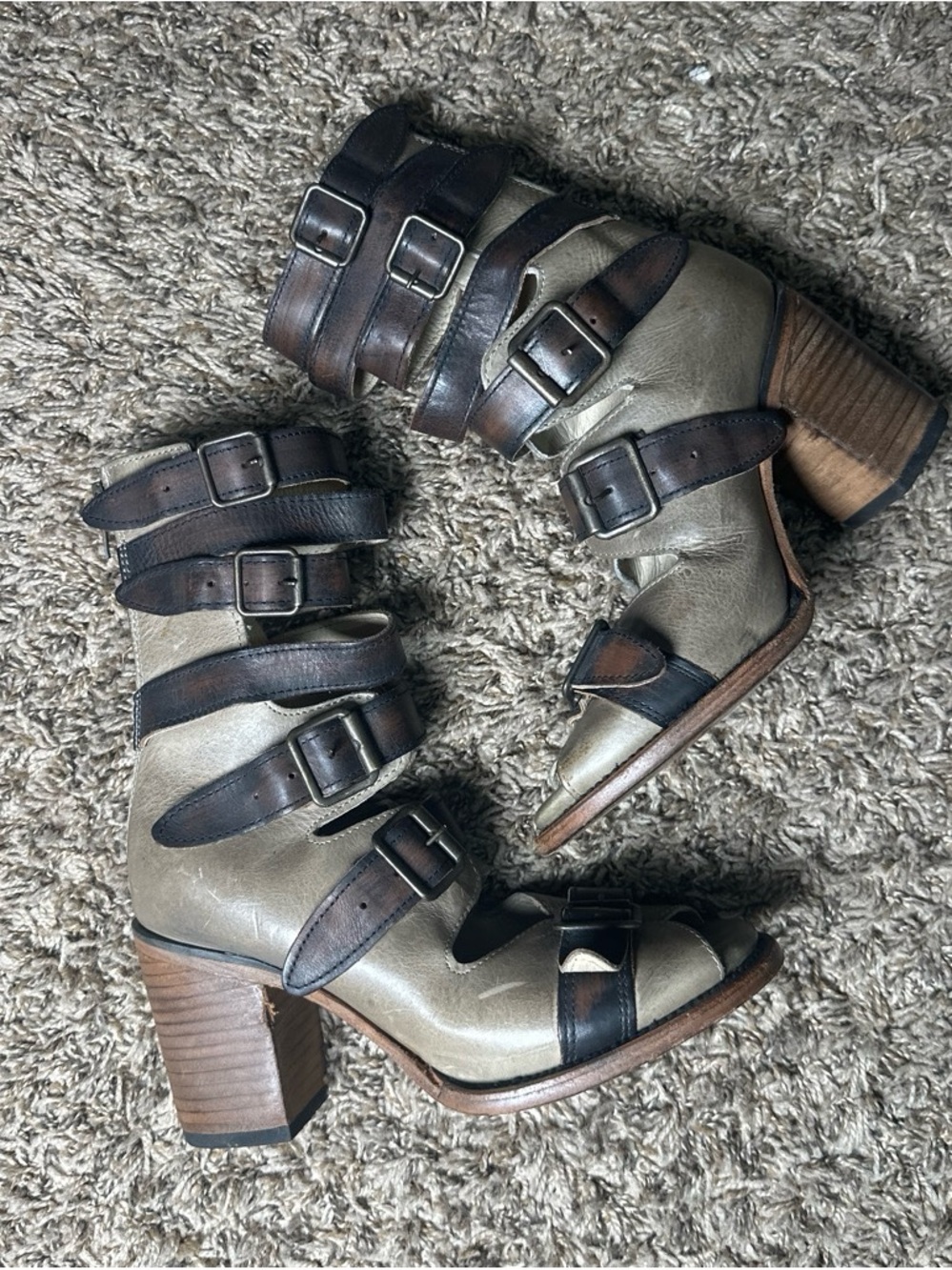 Freebird by Steven Bond Women’s 8 Leather Buckle Strappy Heeled Booties Taupe